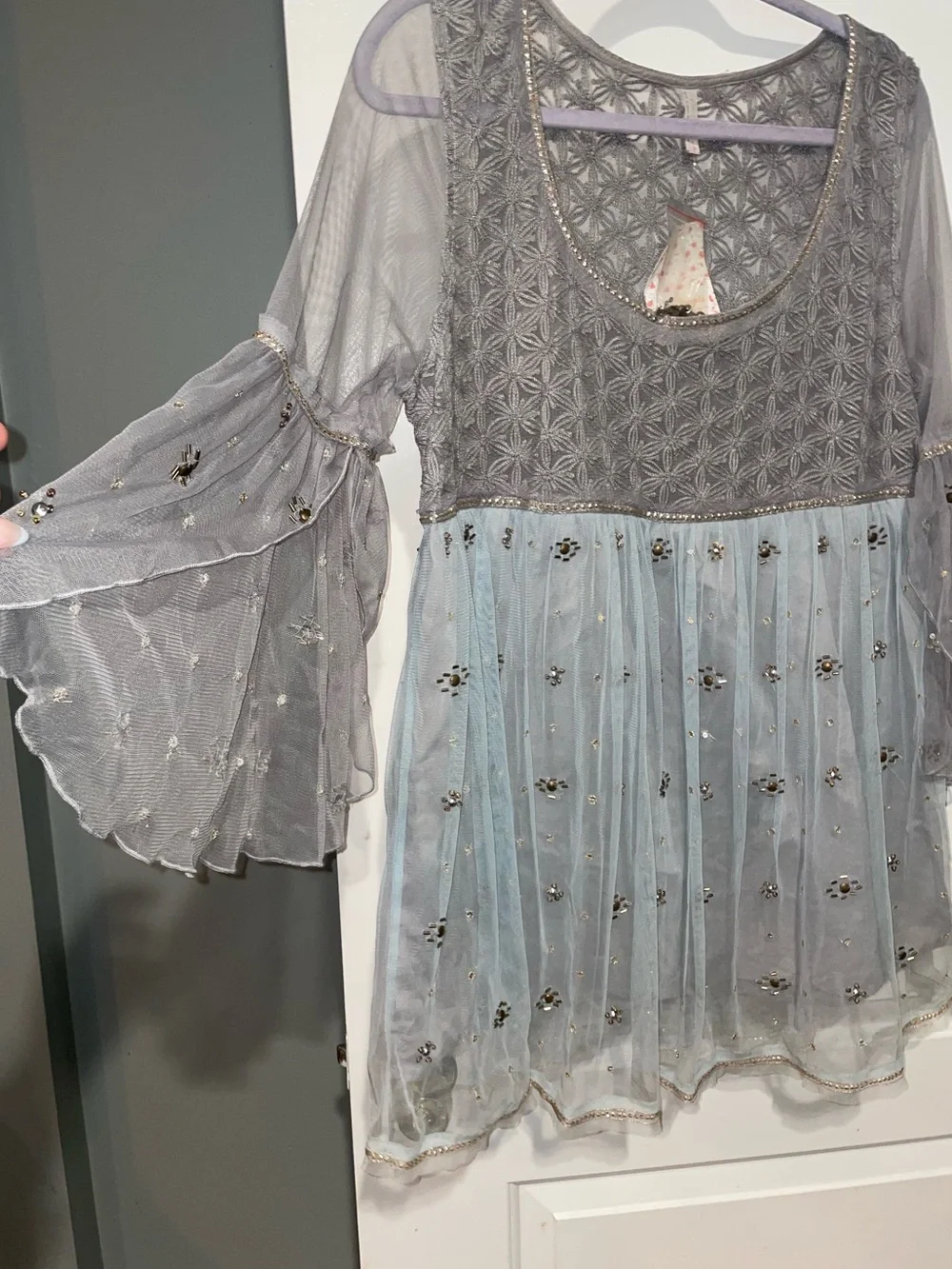 Free People Ethereal Sheer Embroidered Beaded Boho Babydoll Tunic Top 💙✨ L NWT!